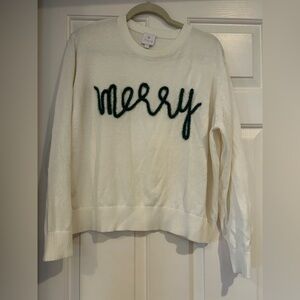 J Marie Cream Sweater with Green 'Merry' Design